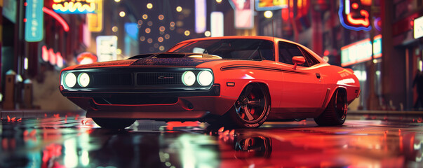 Muscle car on the streets at night, generated ai