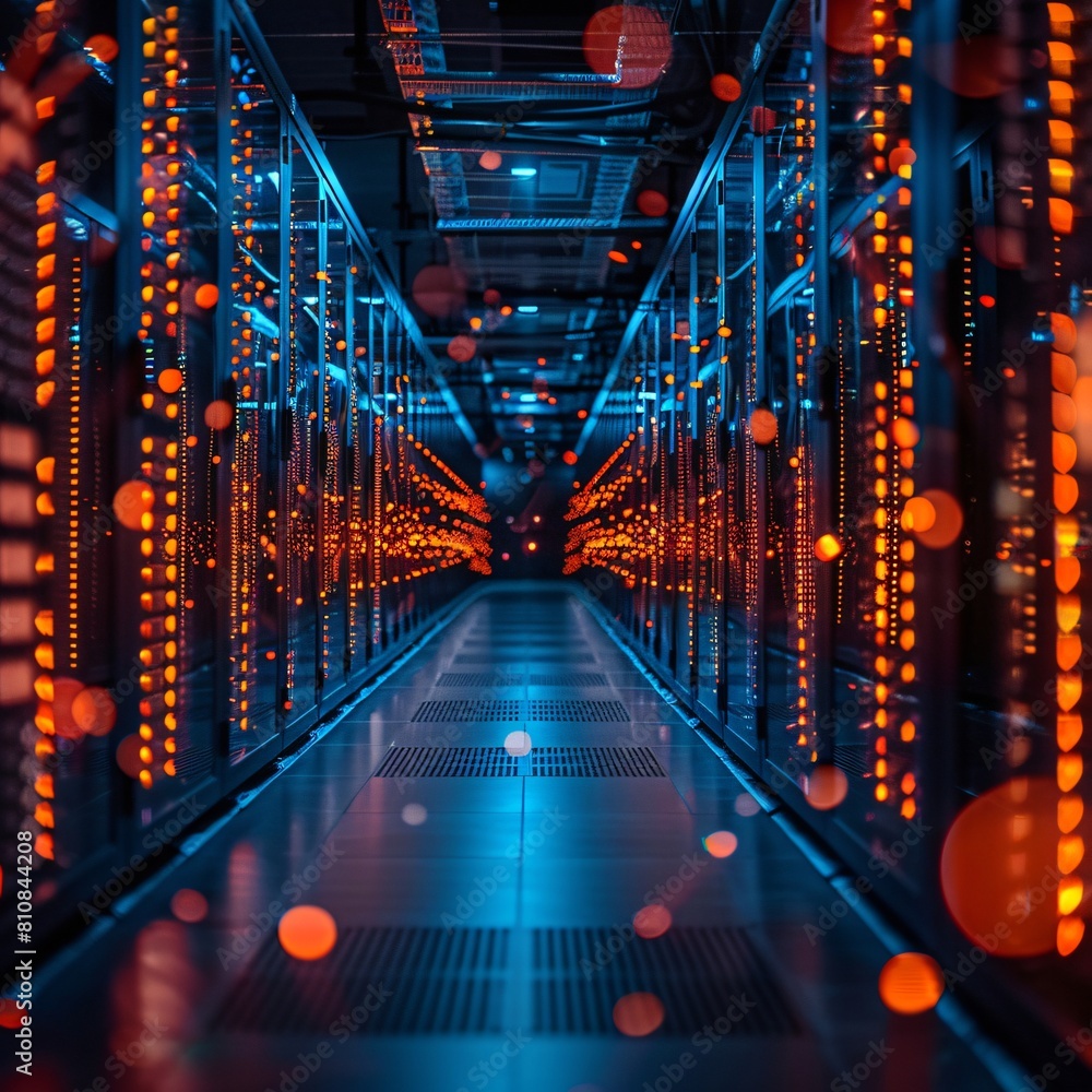 Poster a high-tech data center, with rows of glowing servers: high-capacity compute and storage systems red
