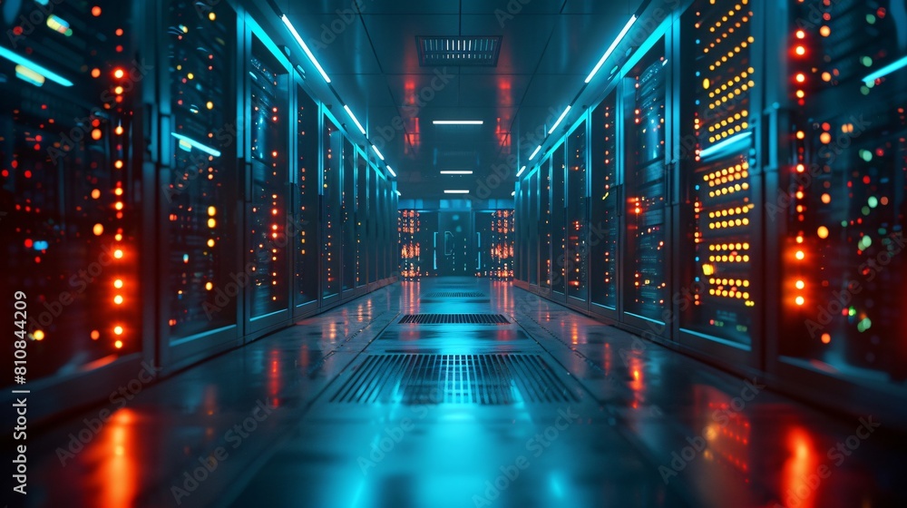 Poster a high-tech data center, with rows of glowing servers: harnessing advanced technologies for data sto