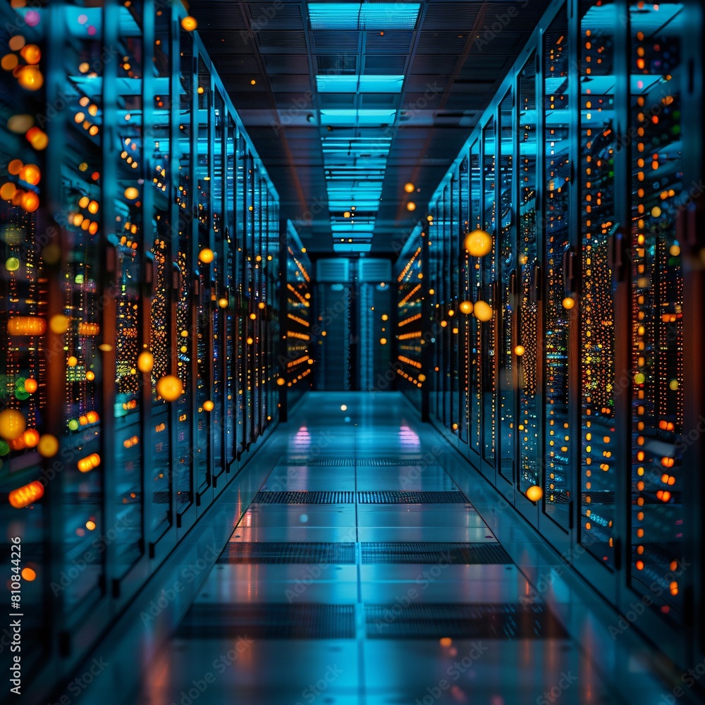 Poster a high-tech data center, with rows of glowing servers: high-tech data solutions for enhanced network