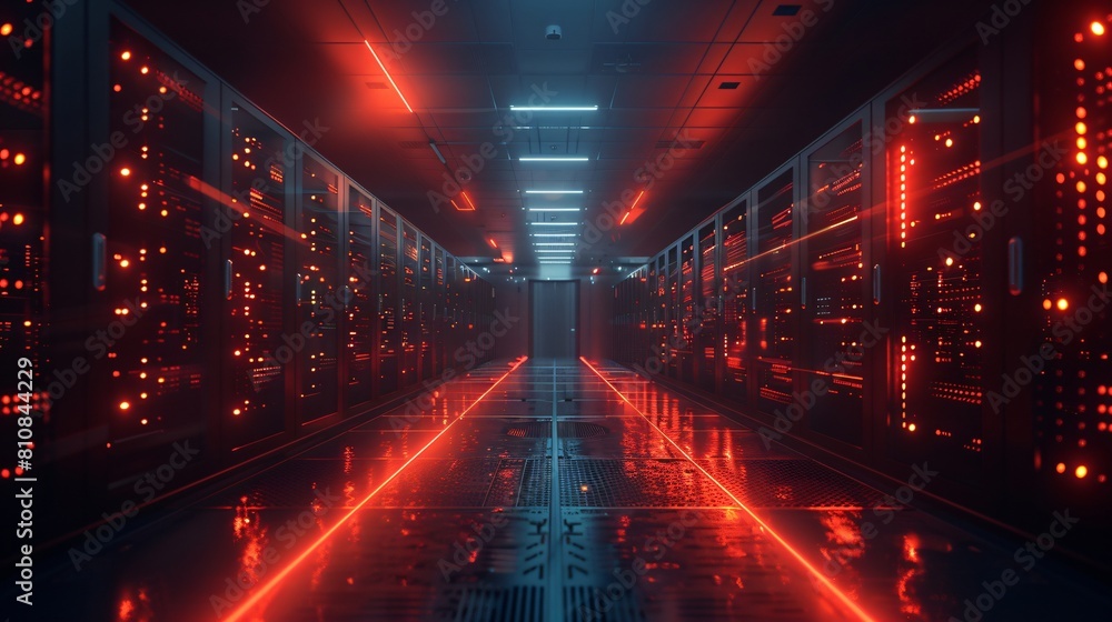Poster a high-tech data center, with rows of glowing servers: high-efficiency networking meets precision da