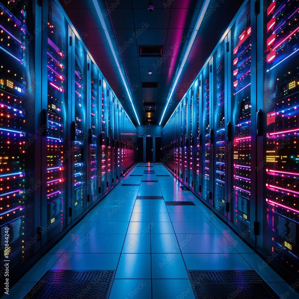 Poster a high-tech data center, with rows of glowing servers: integrated data solutions: from storage to ne