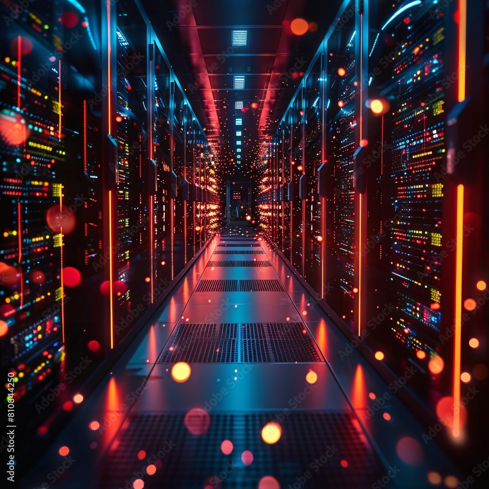 Poster a high-tech data center, with rows of glowing servers: network-centric data management: the new fron