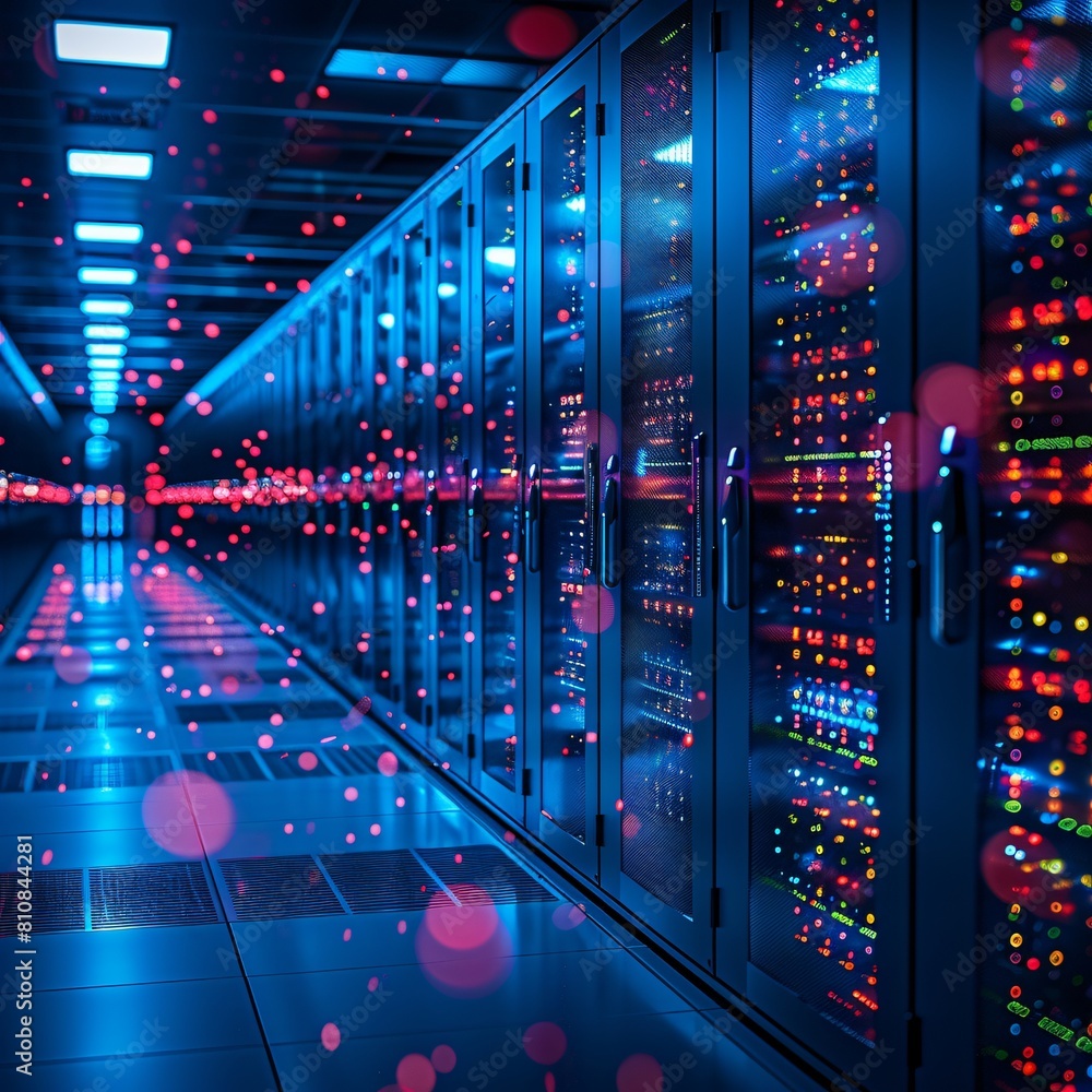 Poster a high-tech data center, with rows of glowing servers: optimizing high-tech data centers for peak ne