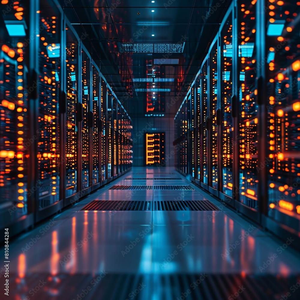 Poster a high-tech data center, with rows of glowing servers: pioneering data and compute solutions for the