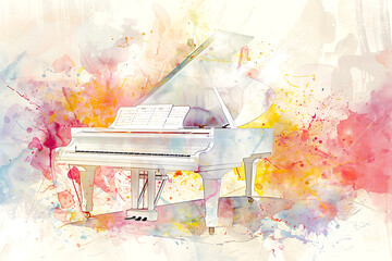 watercolor white piano and notes sheet, style of grunge, musical instrument concept, music concert lover background, card frame with copy space