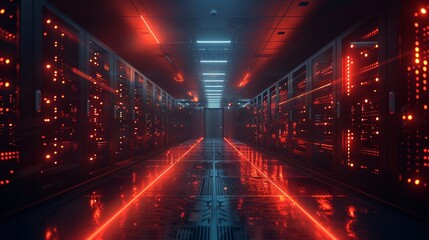 A high-tech data center, with rows of glowing servers: High-Efficiency Networking Meets Precision Data Storage.