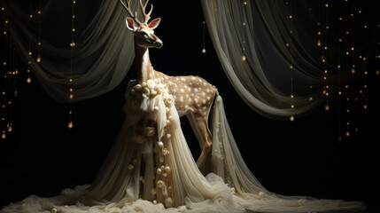 A deer is dressed in a white gown and standing in front of a curtain