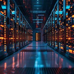 A high-tech data center, with rows of glowing servers: Pioneering Data and Compute Solutions for the Digital Future.
