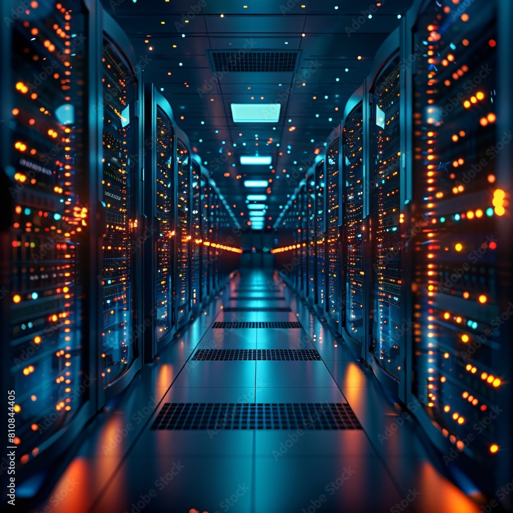 Poster a high-tech data center, with rows of glowing servers: strategic data storage for advanced computing