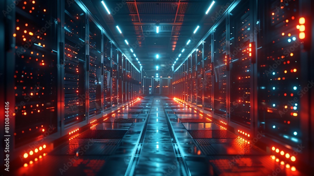 Poster a high-tech data center, with rows of glowing servers: tailored compute services for optimal data ma