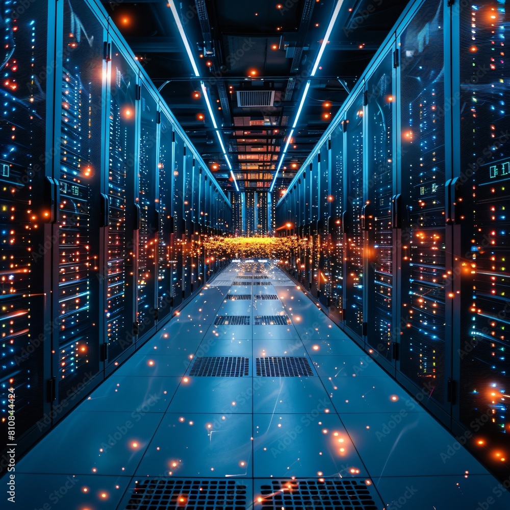 Poster a high-tech data center, with rows of glowing servers: the architecture of tomorrow: advanced data a