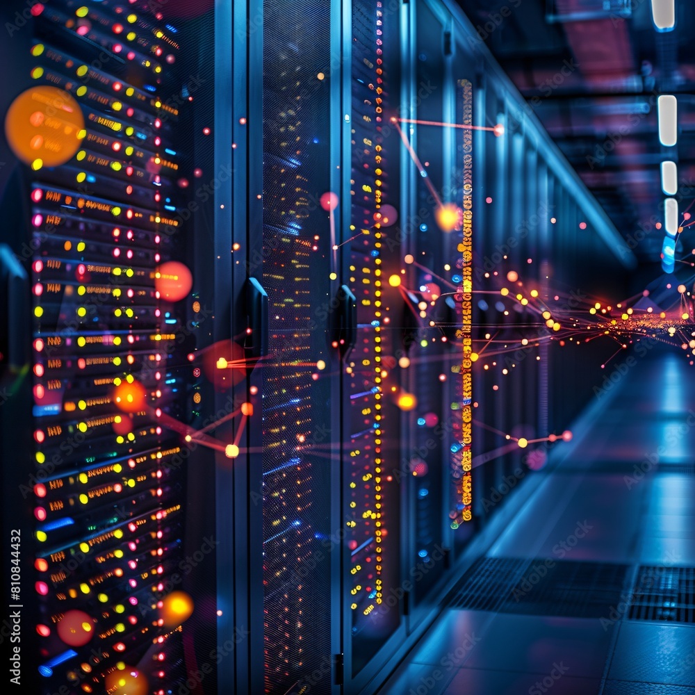 Poster a high-tech data center, with rows of glowing servers: the art of data storage and backup in the dig