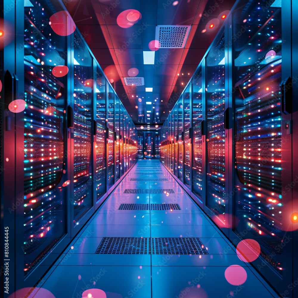 Poster a high-tech data center, with rows of glowing servers: the core of data excellence: integrated netwo