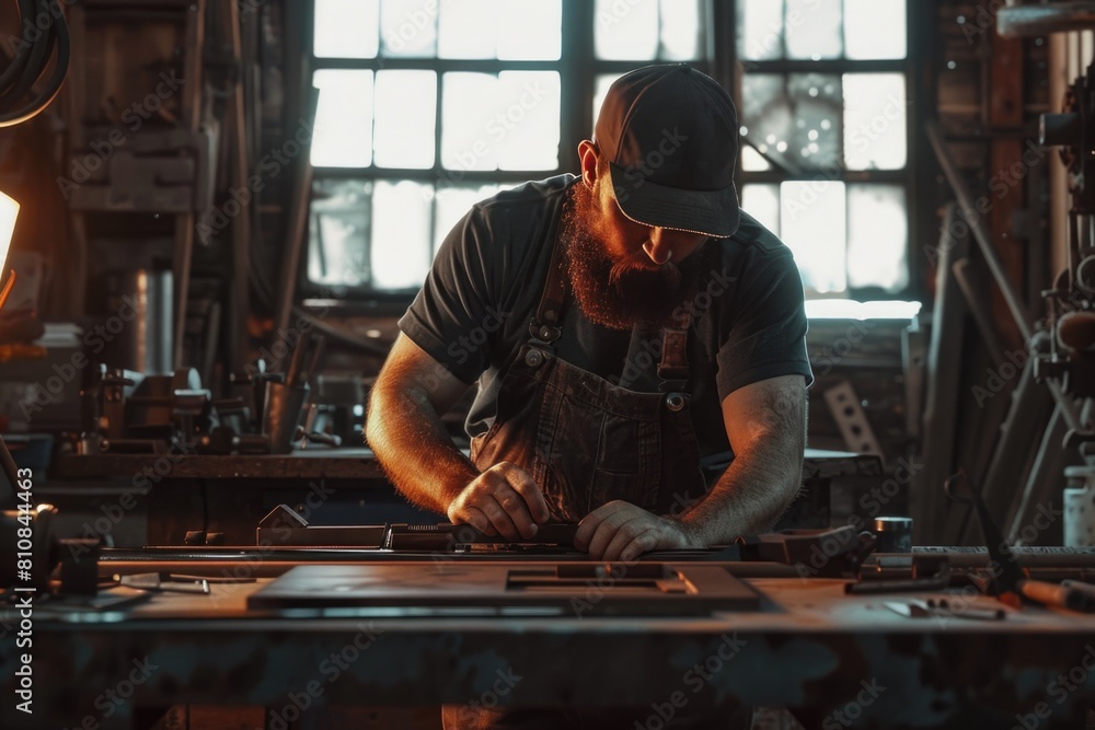 Aufkleber a man working on a piece of wood in a workshop. suitable for woodworking or carpentry projects