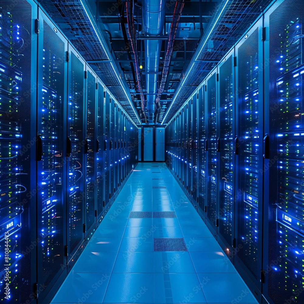 Poster a high-tech data center, with rows of glowing servers: the intersection of high-tech compute and dat