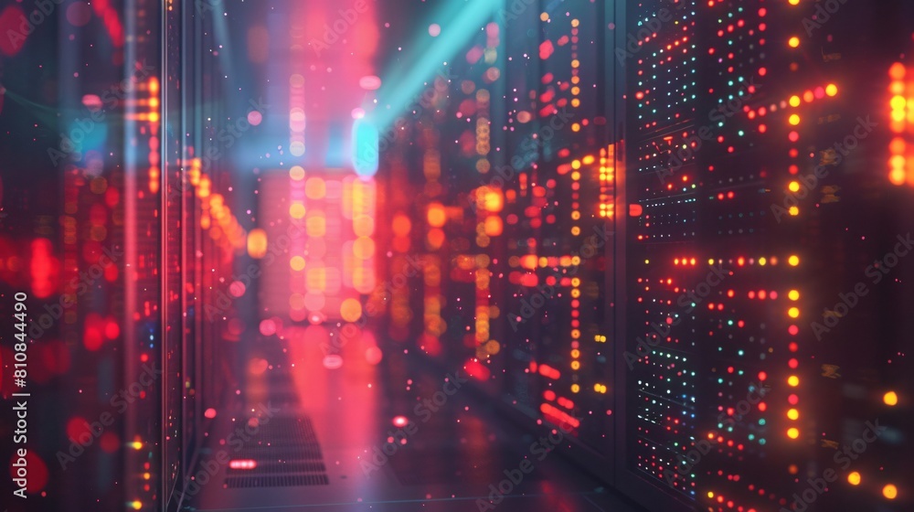 Poster a high-tech data center, with rows of glowing servers: the new age of data storage: secure, efficien