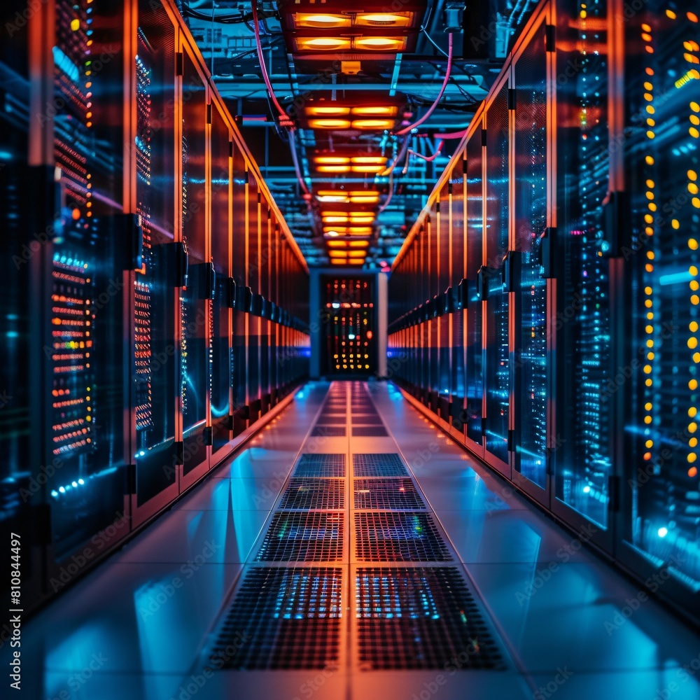 Poster a high-tech data center, with rows of glowing servers: the nexus of modern data storage and high-spe