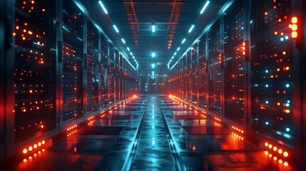 Fototapeta premium A high-tech data center, with rows of glowing servers: Tailored Compute Services for Optimal Data Management.