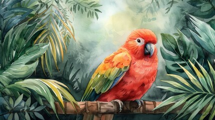 Tropical green leaves with parrot bird for decoration art frame,wallpaper,card and banner background.