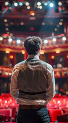 Fototapeta premium A man stands in a theater with a vest on