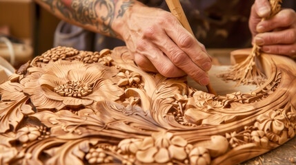 A man is carving a wooden design with a brush