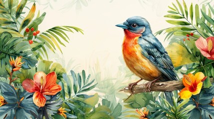 Tropical green leaves with parrot bird for decoration art frame,wallpaper,card and banner background.