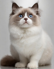  Cute Ragdoll cat sitting in front and looking up isolated on white background, studio shot