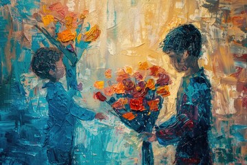 A man giving flowers to a woman. Suitable for romantic occasions