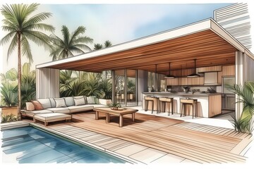 Sleek architectural draft for a tropical outdoor dining area, integrating modern design with natural elements for a stylish home.