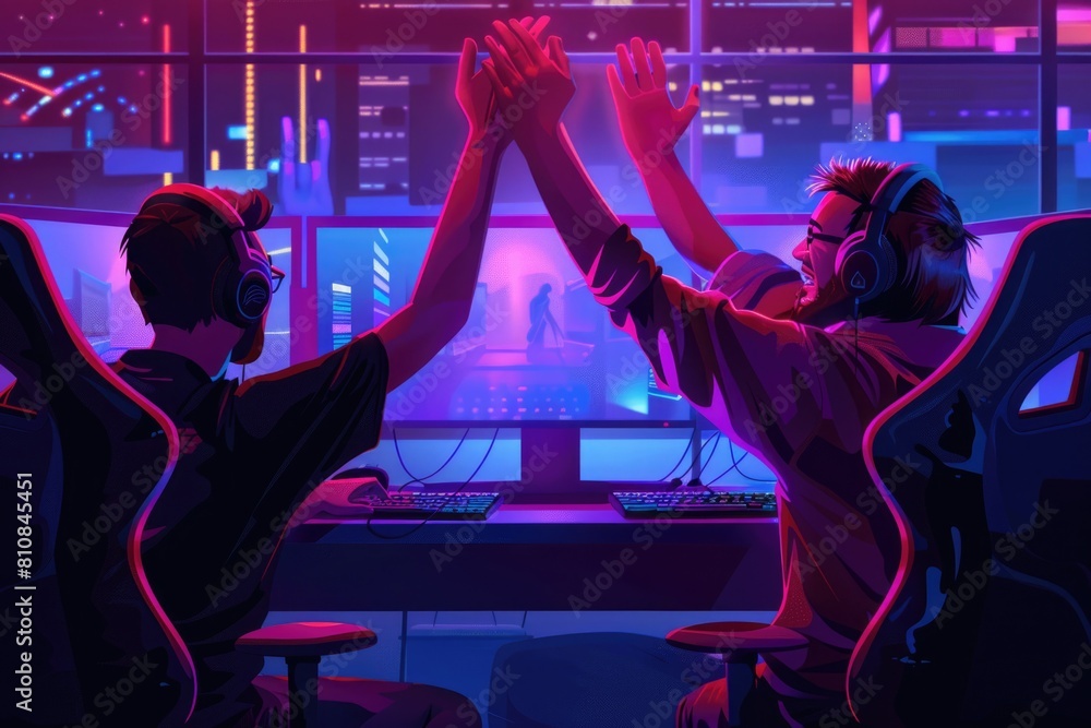 Poster A couple working together on a computer. Ideal for illustrating teamwork and collaboration in an office setting