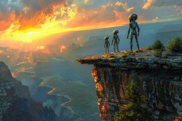 Alien Family Adventure: Surreal Illustration of Exploring Unknown Planet - obrazy, fototapety, plakaty