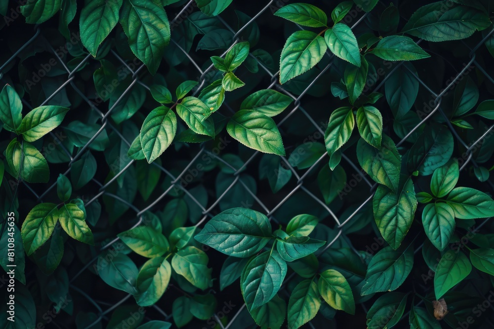 Poster a chain link fence covered in green leaves. suitable for nature or security concepts