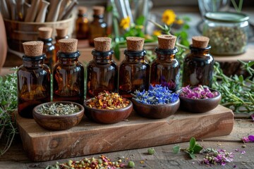 Bottles filled with various herbs on a wooden cutting board, perfect for kitchen and culinary themed designs