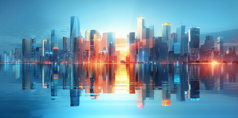 Fototapeta premium Modern skyscrapers of a smart city, futuristic financial district, graphic perspective of buildings and reflections - Architectural blue background for corporate and business brochure template