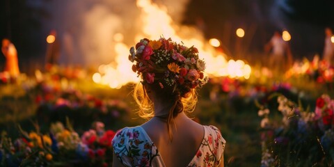 Naklejka premium Woman with floral wreath at summer festival with bonfire. Summer Solstice Day, Midsummer, Litha, Ivan Kupala celebration. Slavic pagan holiday. Wiccan ritual, witchcore aesthetics