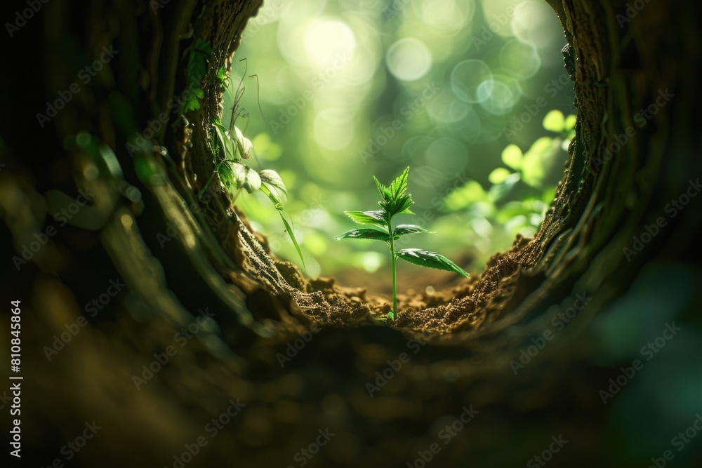 Poster a small plant growing out of a hole in a tree. suitable for nature and growth concepts