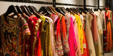 A set of colorful women's fashion dresses displayed on hangers in a store. The intricate embroidery and embellishments highlight traditional Indian designs, creating a vibrant and elegant scene.