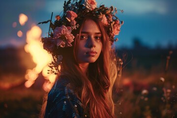 Woman with floral wreath near bonfire at night. Summer Solstice Day, Midsummer, Litha, Ivan Kupala celebration. Slavic pagan holiday. Wiccan ritual, witchcore aesthetics
