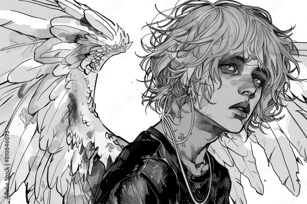 Poster black and white drawing of a person with wings, suitable for various design projects