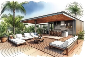 Fototapeta premium Sleek architectural draft for a tropical outdoor dining area, integrating modern design with natural elements for a stylish home.