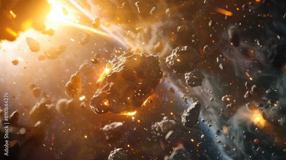 Poster large metallic asteroids from outer space are hurtling toward our planet causing a dramatic collisio