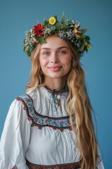Nordic woman in flower wreath and folk dress on blue background. Summer Solstice Day, Midsummer, Litha, Ivan Kupala celebration. Slavic pagan holiday. Wiccan ritual, witchcore aesthetics
