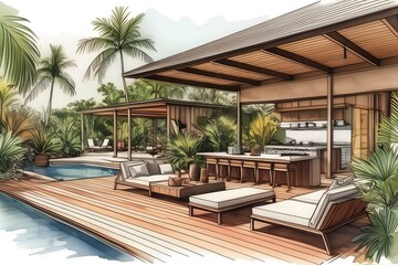 Sleek architectural draft for a tropical outdoor dining area, integrating modern design with natural elements for a stylish home.