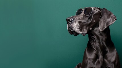 A majestic Great Dane, donning oversized sunglasses, sits on the right side of a deep forest green background, leaving space on the left for text, perfect for promoting pet insurance plans.