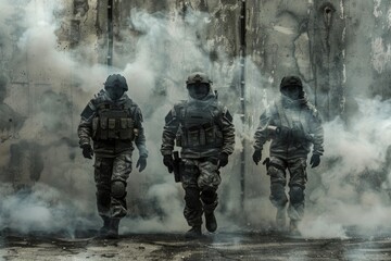 Group of soldiers walking through thick smoke. Suitable for military or war-themed projects