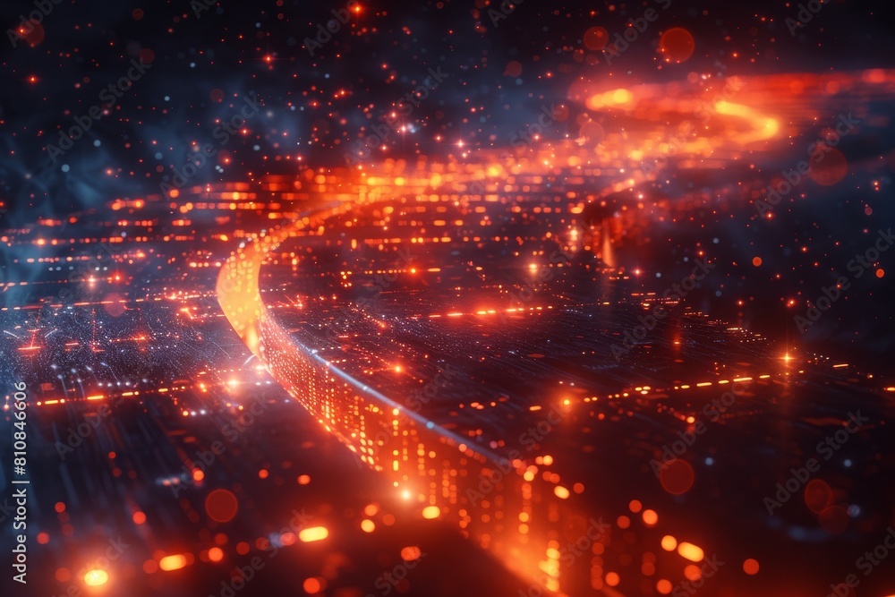 Poster a digital 3d illustration of a fiery data stream flowing through a network of connections on a circu