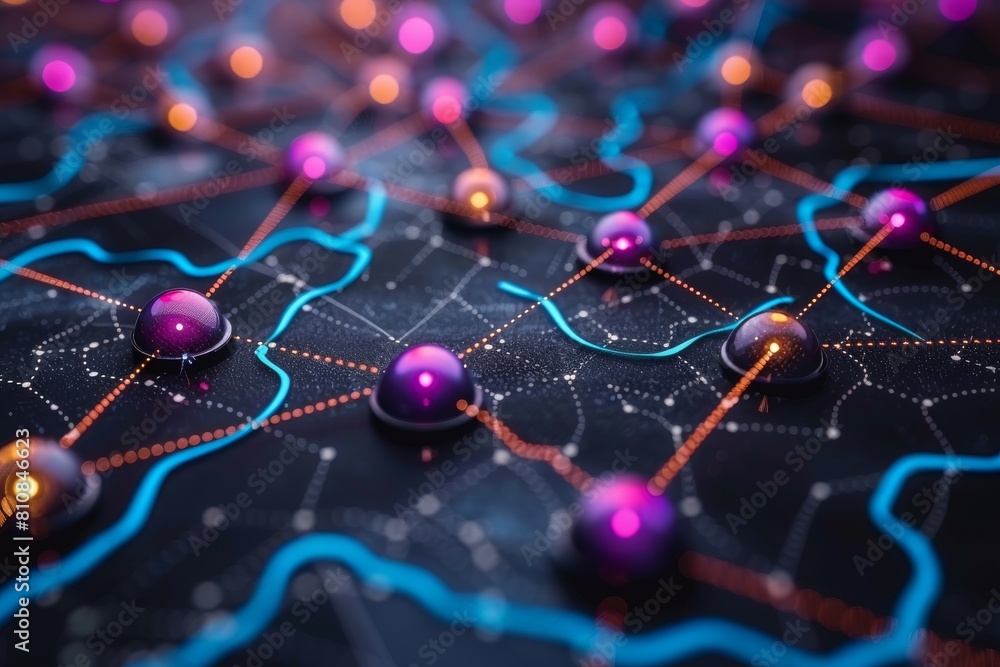 Poster this image shows a 3d render of a network with colorful nodes and interconnecting lines on a dark su