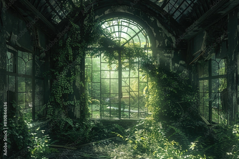 Poster a deserted building featuring a prominent window. suitable for urban exploration themes