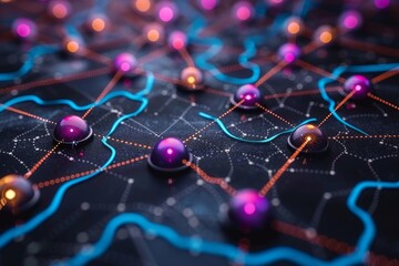 This image shows a 3D render of a network with colorful nodes and interconnecting lines on a dark surface, symbolizing connectivity and data